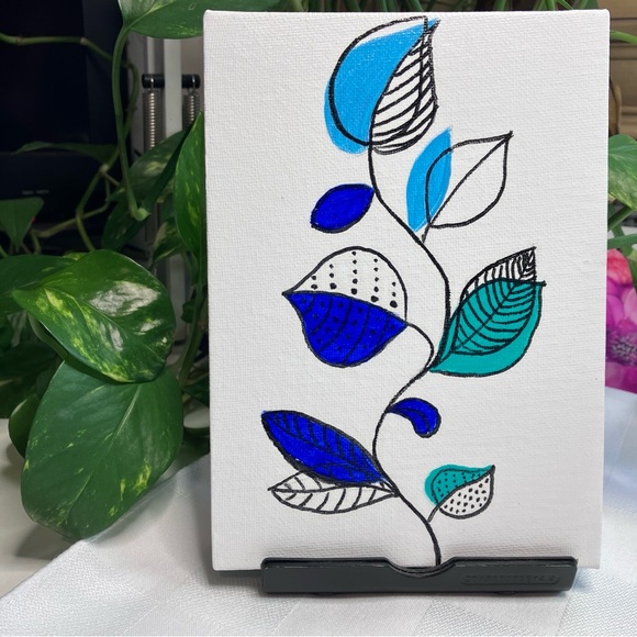 Colorful Abstract Botanic Leaf Acrylic Small Space Shelf Art Zendangle Painting - Picture 1 of 6